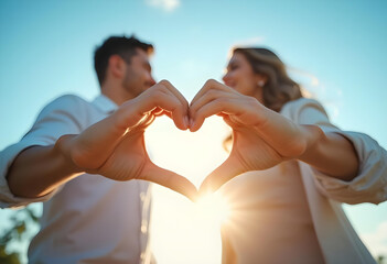 couple forms heart shape with their hands against bright sky, symbolizing love and connection. warm sunlight enhances romantic atmosphere