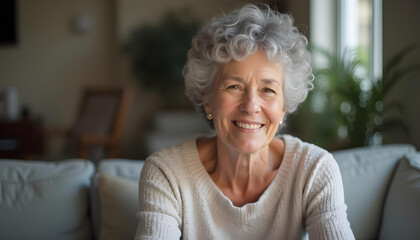 Smiling elderly woman with curly gray hair sitting on couch, exuding warmth and joy in cozy living room. Natural light enhances inviting atmosphere