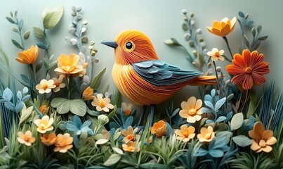 paper cut illustration of colorful paper bird,grass and flowers