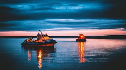 Rescue Boats Patrol Serene Waters at Dusk, Searchlights Active, Life-Saving Equipment Ready for Swift Response, Ensuring Operational Efficiency and Readiness