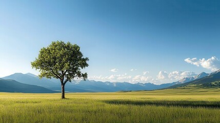 Obraz premium A solitary tree stands in a vast green field under a clear blue sky, with distant mountains creating a serene landscape.