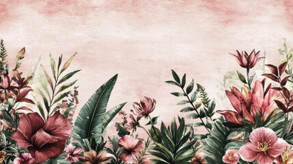 Fototapeta premium Floral design with vibrant plants on a soft pink background.
