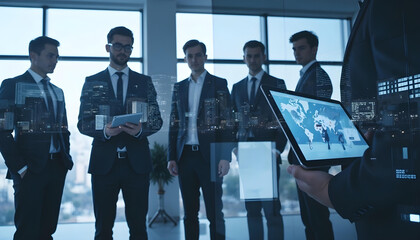 Innovative business team analyzing data on digital tablet in modern office. atmosphere reflects collaboration and technology in corporate environment