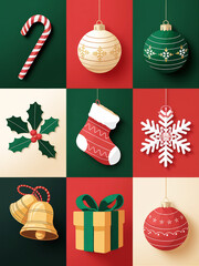 new year's and christmas holiday decoration set: bright new year balls, santa hat, festive bells, snowflakes, gingerbread cookies, colorful candies, and wrapped gifts