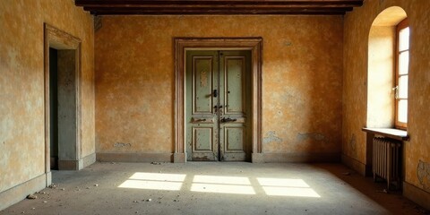 Sunlit Room in a Derelict Building with a Weathered Door and Window
