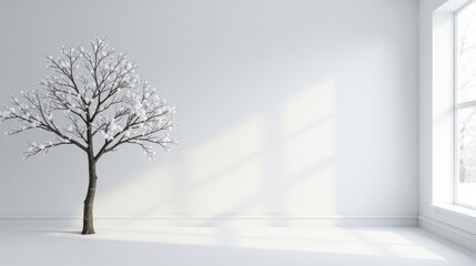 Fototapeta premium Winter Scene Minimalist Room with Snow-Covered Tree and Sunlight Streaming Through Window