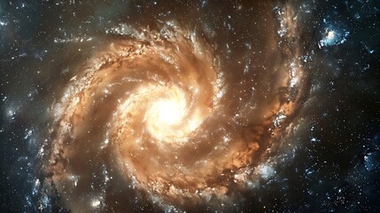 Detailed spiral galaxy, bright core, dark arms, centered in deep space, cinematic style, high resolution.