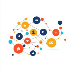 Colorful abstract network of icons representing communication and social connections.