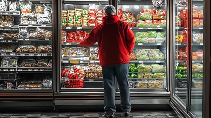 Shopping for frozen meals at a grocery store late at night in a red hoodie