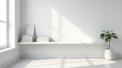 Fototapeta premium Modern Minimalist Interior Design A White Room with Sunlight Streaming Through a Window, Illuminating a Simple Shelf with Books and a Plant in a Pot