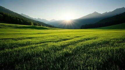 Obraz premium A serene landscape featuring lush green grass, mountains in the background, and a beautiful sunrise illuminating the scene.