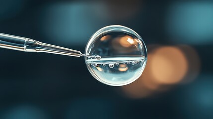 Transparent glass pipette extracting clear liquid from a spherical water droplet