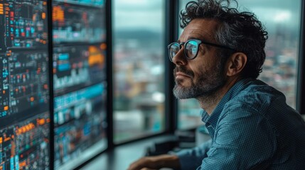 green energy eco-friendly transition. Analyst Studying Data on Multiple Screens in Office