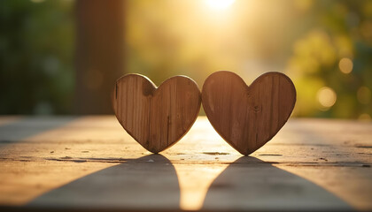 Fototapeta premium Wooden heart shapes on table, illuminated by warm sunlight, create romantic atmosphere. Perfect for expressing love and affection in photography