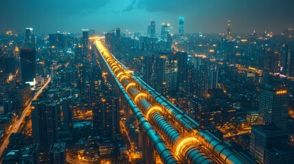 Obraz premium green energy eco-friendly transition. Cityscape Night View with Illuminated Pipeline System