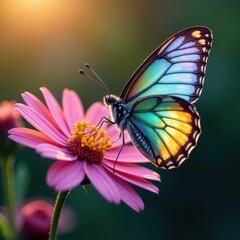 Fototapeta premium Delicate butterfly with iridescent wings resting on a wildflower, beautiful insect, blue, delicate