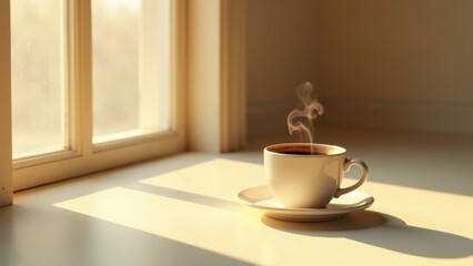 Obraz premium Warm morning sunlight illuminates a steaming cup of coffee resting on a saucer near a window.