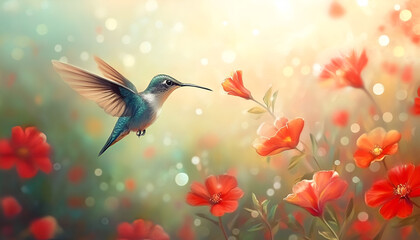 Naklejka premium Vibrant Hummingbird Hovering by Red Flowers in Nature