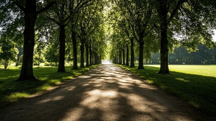 Fototapeta premium A tranquil tree-lined pathway illuminated by sunlight, creating a serene atmosphere ideal for walking or reflection.