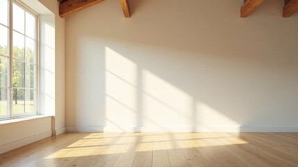 Fototapeta premium Sunlit Empty Room with Hardwood Floor and Large Window Featuring Natural Light and Wooden Beams