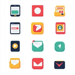 Colorful digital icons representing various applications and notifications in a grid layout.