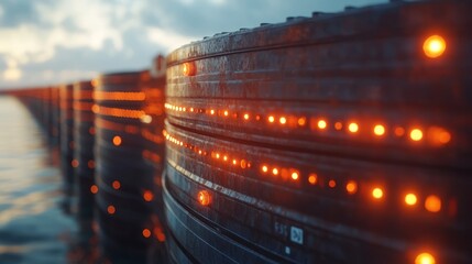 green energy eco-friendly transition. Futuristic Coastal Data Center with Illuminated Servers