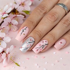 Cherry blossom-inspired nail art on light pink nails, surrounded by scattered spring petals