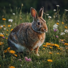 A rabbit in a quaint, small cage in a peaceful meadow filled with vibrant wildflowers.