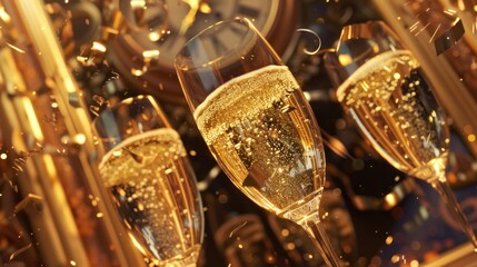 A close-up of champagne glasses filled with bubbly, surrounded by golden decorations and a clock striking midnight, celebrating a joyous toast