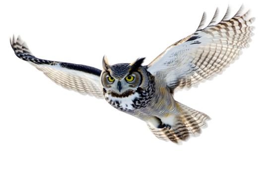 A flying owl isolated on a transparent background