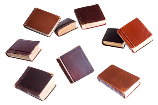 A pile of old books floating isolated on a transparent background
