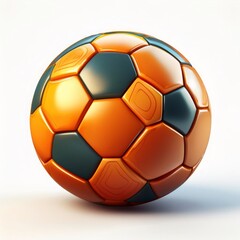 Fototapeta premium Shiny orange and black soccer ball standing on white background, perfect for sports concepts