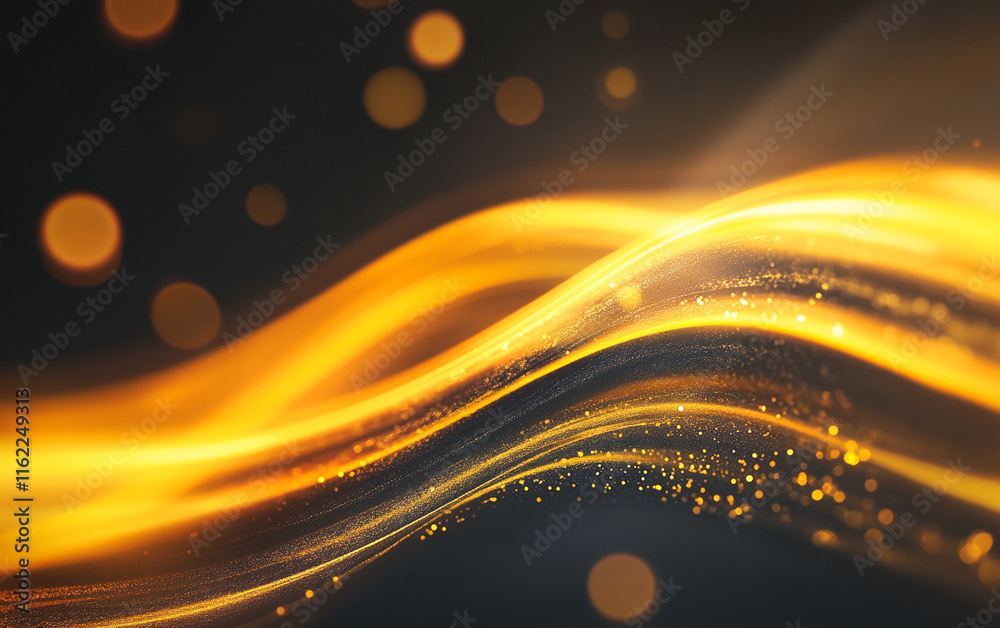 Poster abstract golden wave with glittering particles on a dark background