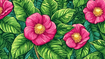 Obraz premium Vibrant pink flowers with lush green leaves.