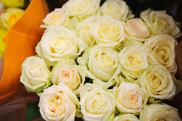 A large and beautiful bouquet of white roses. A gift for a woman for a holiday.