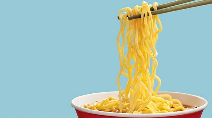A bowl of noodles being lifted with chopsticks against a light blue background.