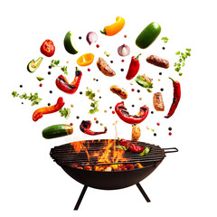 Vegetables flying above a grill isolated on a transparent background