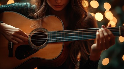 Naklejka premium A close-up of a woman playing an acoustic guitar, surrounded by warm, glowing lights.