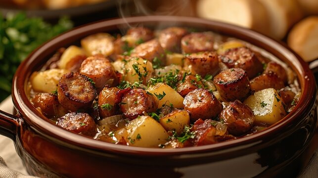 traditional irish coddle in a ceramic pot
