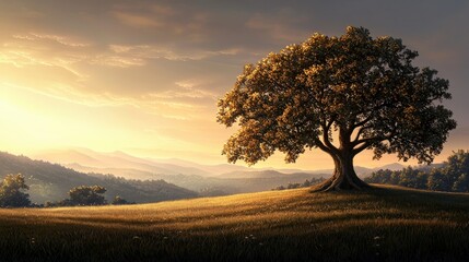 Obraz premium A serene sunset landscape featuring a majestic tree on a grassy hill, surrounded by rolling hills and soft golden light.