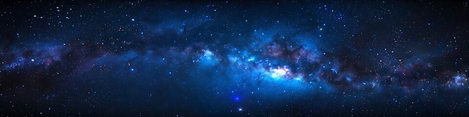 Naklejka premium High-detail Milky Way illustration, blue luminescence from the center, illuminating stars, representing the beauty and mystery of the universe.