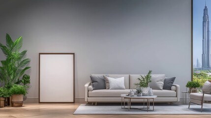 Fototapeta premium Beige Couch Minimalist Living Room Design - Modern living room interior, beige couch, empty wall, plants, calm atmosphere, city view. Symbolizing serenity, simplicity, elegance, space, and modern liv