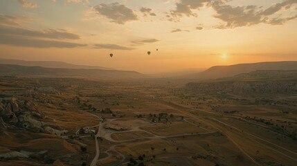 Scenic view of hot air balloons at sunset over valleys.