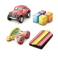 Colorful toy collection featuring a red car, building blocks, a pull-along toy, and a stacking set.