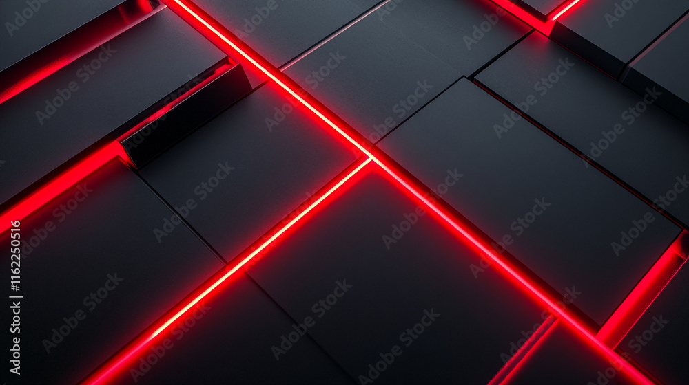Poster Futuristic Black Surface with Red Neon Glow Lines and Geometric Patterns. Gamer background