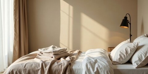 Sunlight Illuminates a Calm and Serene Bedroom with Soft Neutral Bedding and Folded Towels