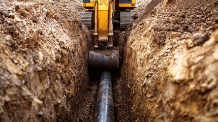 Heavy machinery digging trenches for pipeline installation in soil