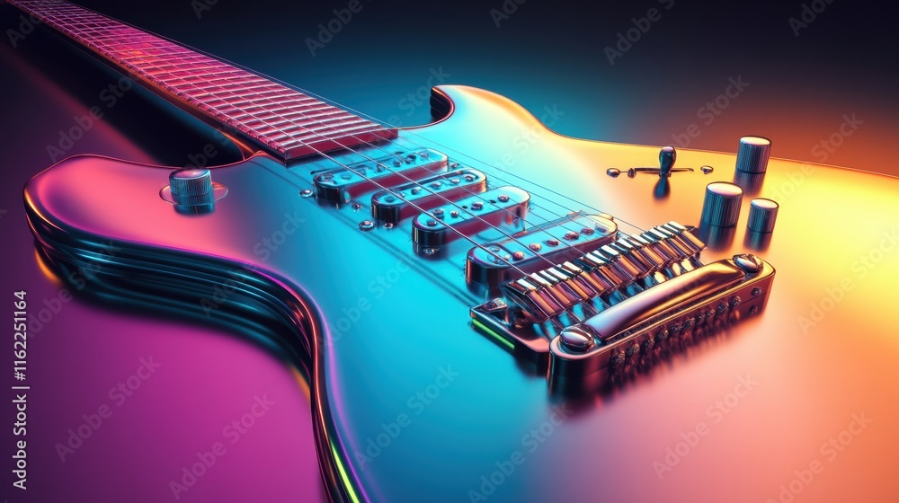 Poster colorful 3d guitar design showcasing vibrant gradients and detailed hardware under dynamic lighting.