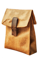 Obraz premium A brown bag with a leather strap is sitting on a white background