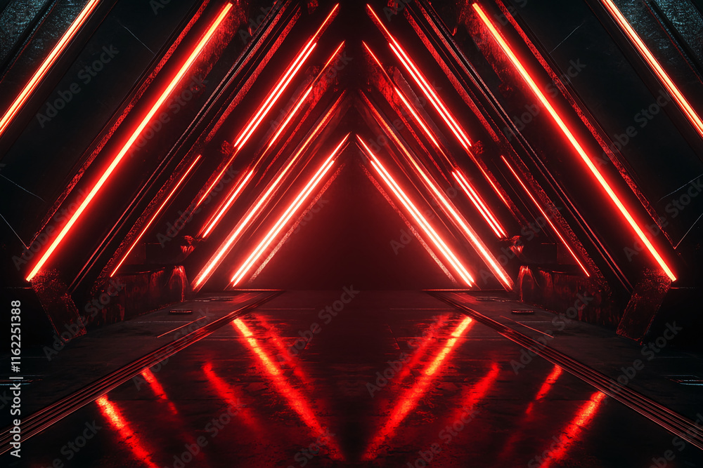 Aufkleber futuristic neon red triangular pathway with symmetrical reflections in dark room. gamer background